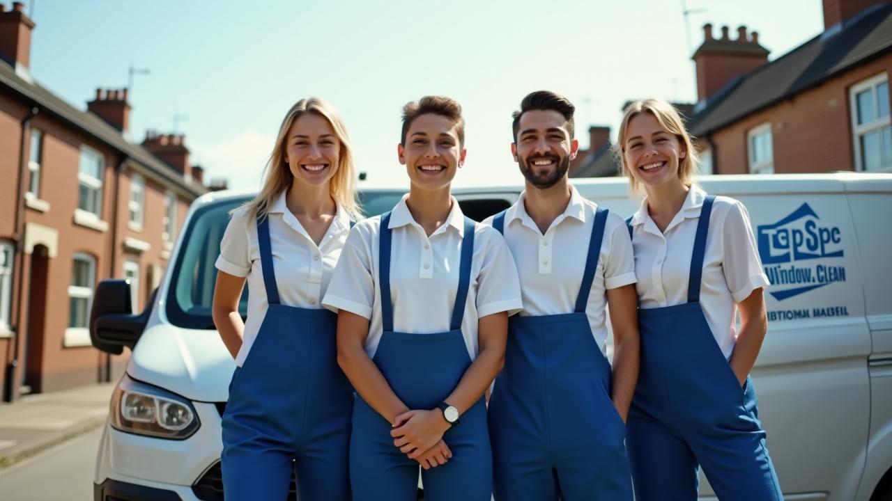 Top Spec Window Cleaning Ltd team, professional and friendly, posing with a branded company van in Darlington.