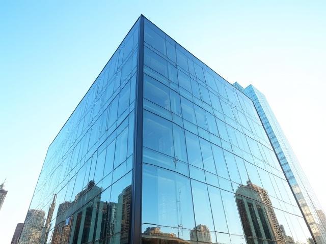 Modern commercial building with glistening, clean windows reflecting city skyline
