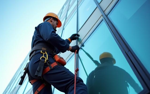 Top Spec Window Cleaning team member in harness on a commercial building, performing safety check