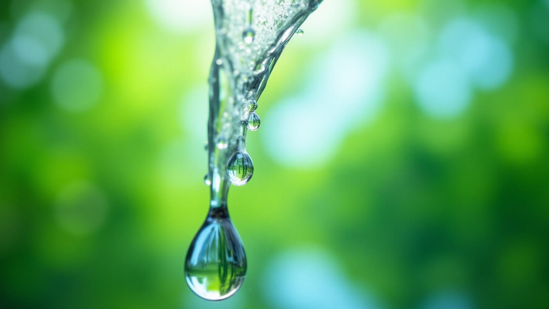 Close-up of pure water beading on a perfectly clean window, with lush green foliage reflected