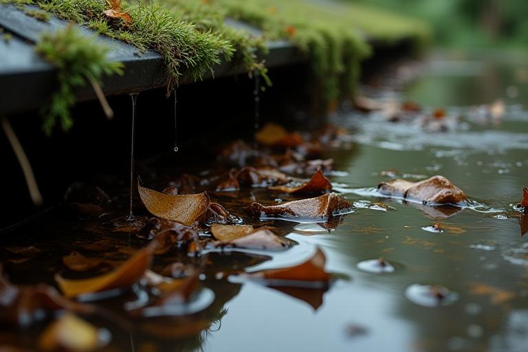 Overflowing gutter with leaves and debris, illustrating neglect