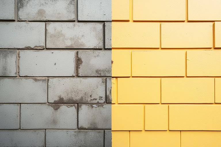 Before and after comparison of a dirty and clean building facade