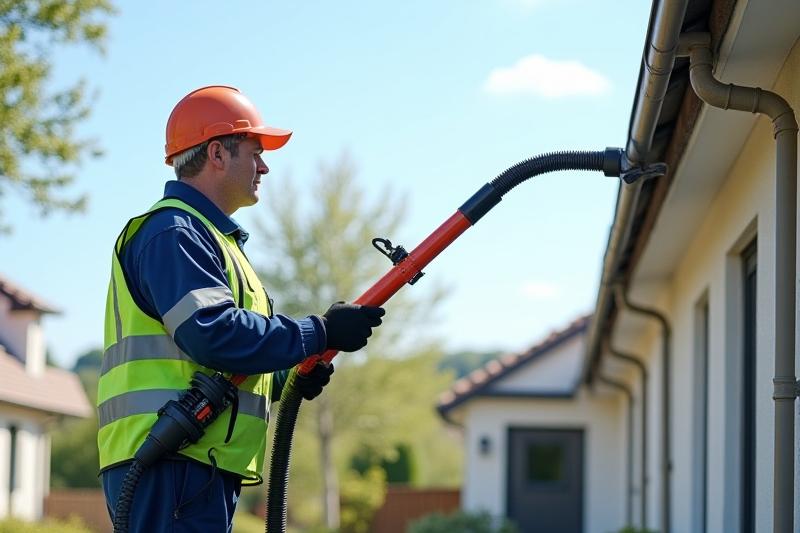 Professional using a high-reach gutter vacuum system to clean gutters safely from the ground