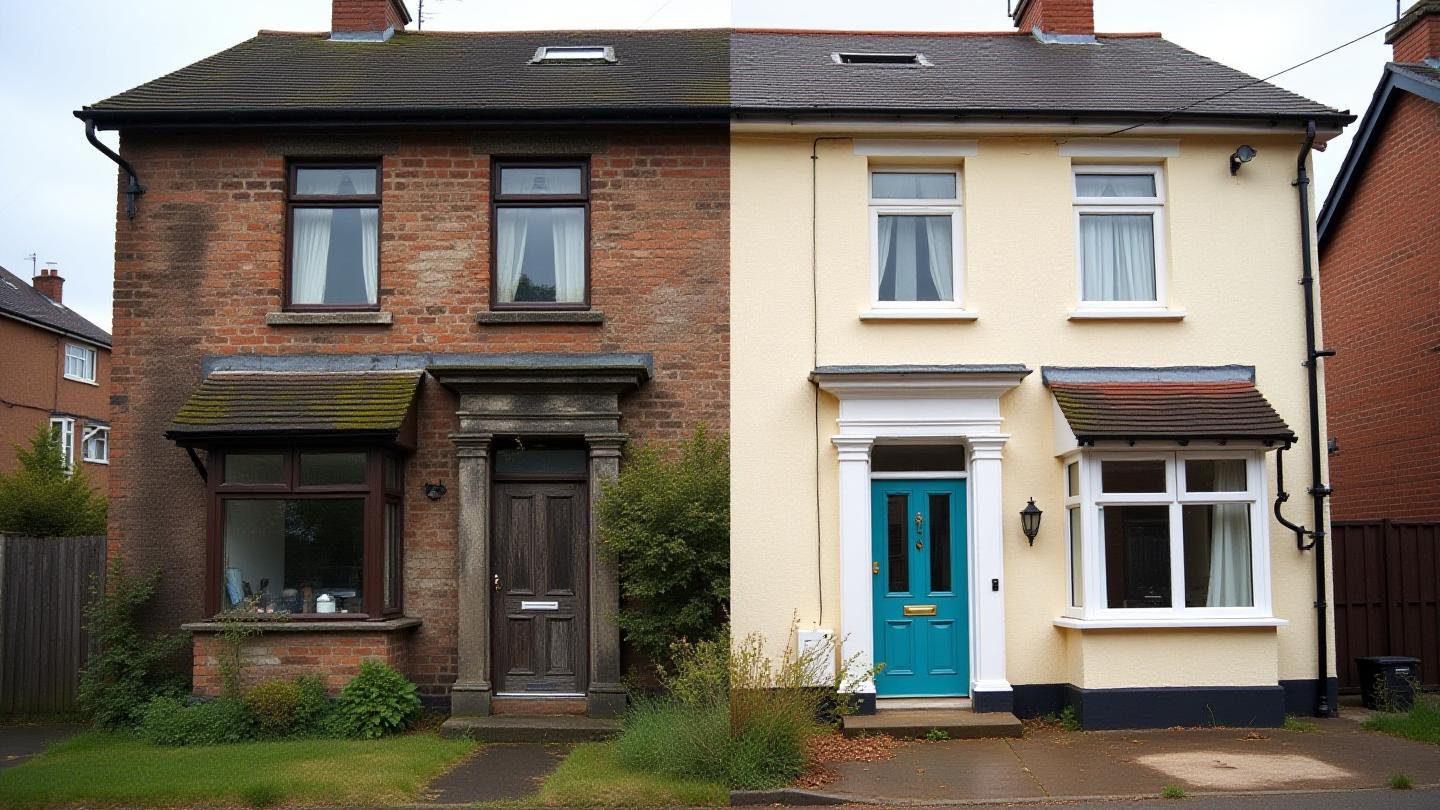 Before and after comparison of a clean and dirty building facade and gutter in Darlington