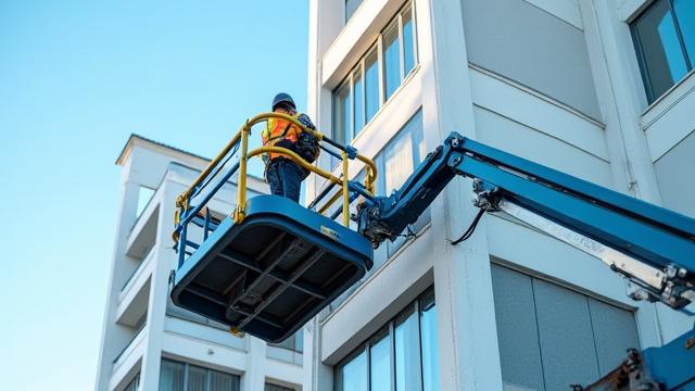 Mobile Elevated Work Platform (MEWP) cleaning windows on a commercial building