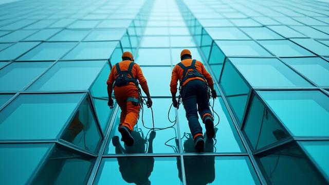 Window cleaners performing rope access abseiling on a multi-story building