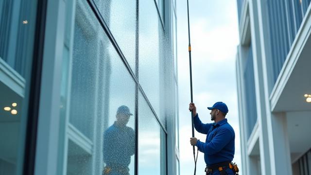Professional using a water-fed pole cleaning windows from the ground