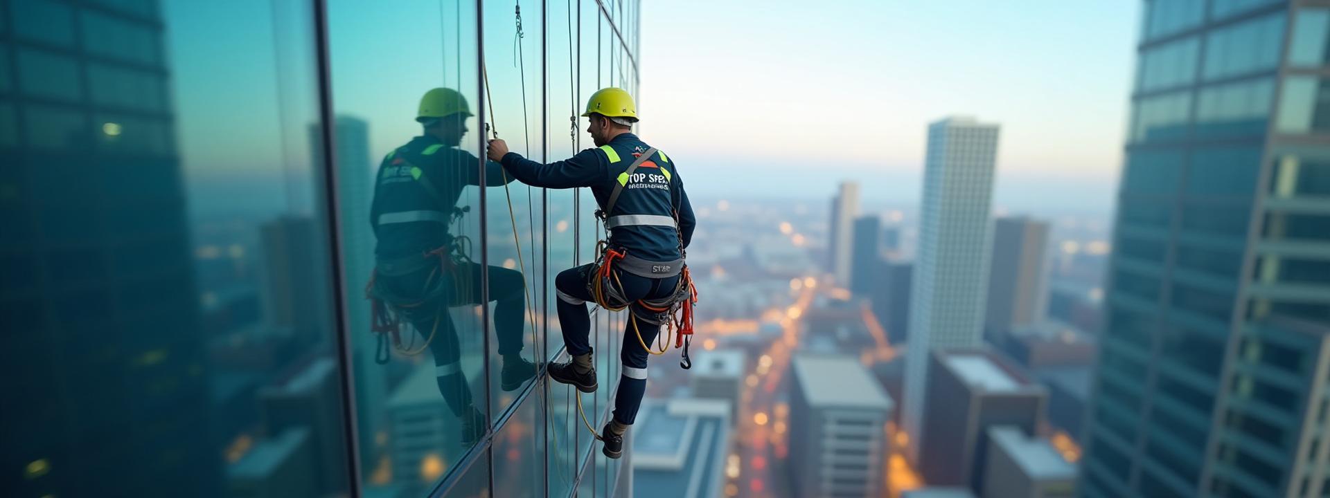 Window cleaner abseiling down a modern glass high-rise building in Darlington