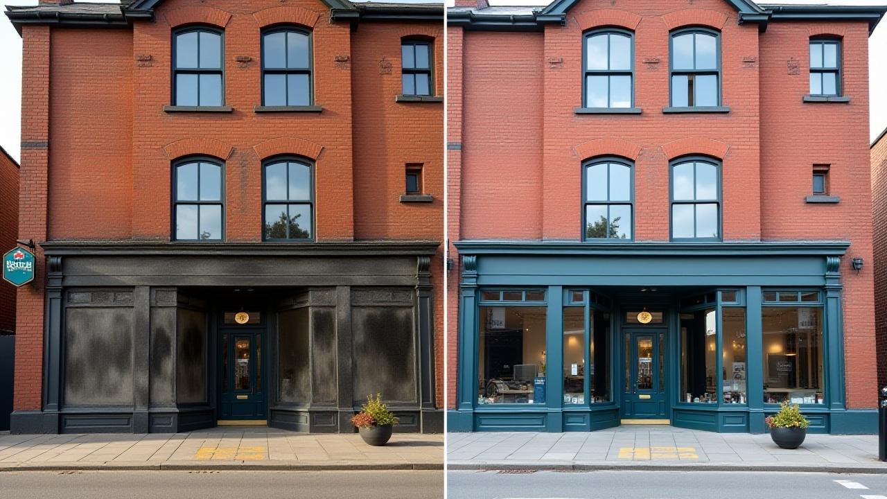 Before and after comparison of a commercial building facade in Darlington, showing a dramatic difference after cleaning.
