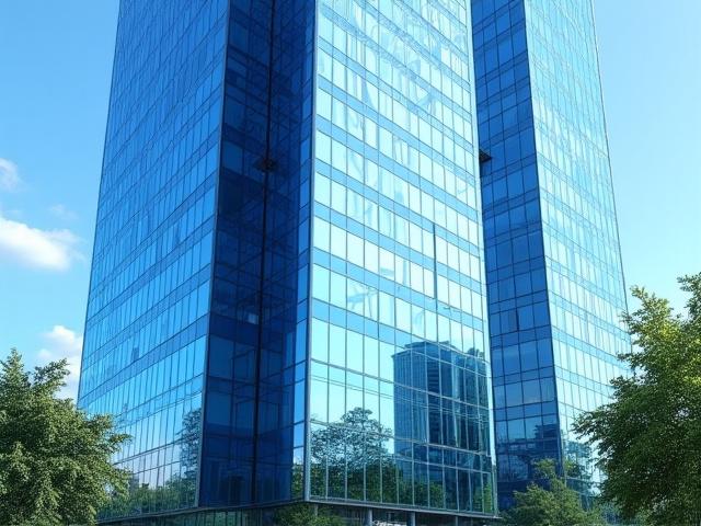 Sleek office building facade with perfectly cleaned glass, reflecting a clear sky