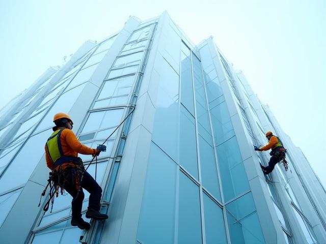 Team of high-rise window cleaners with safety gear on a large commercial building, focus on professionalism